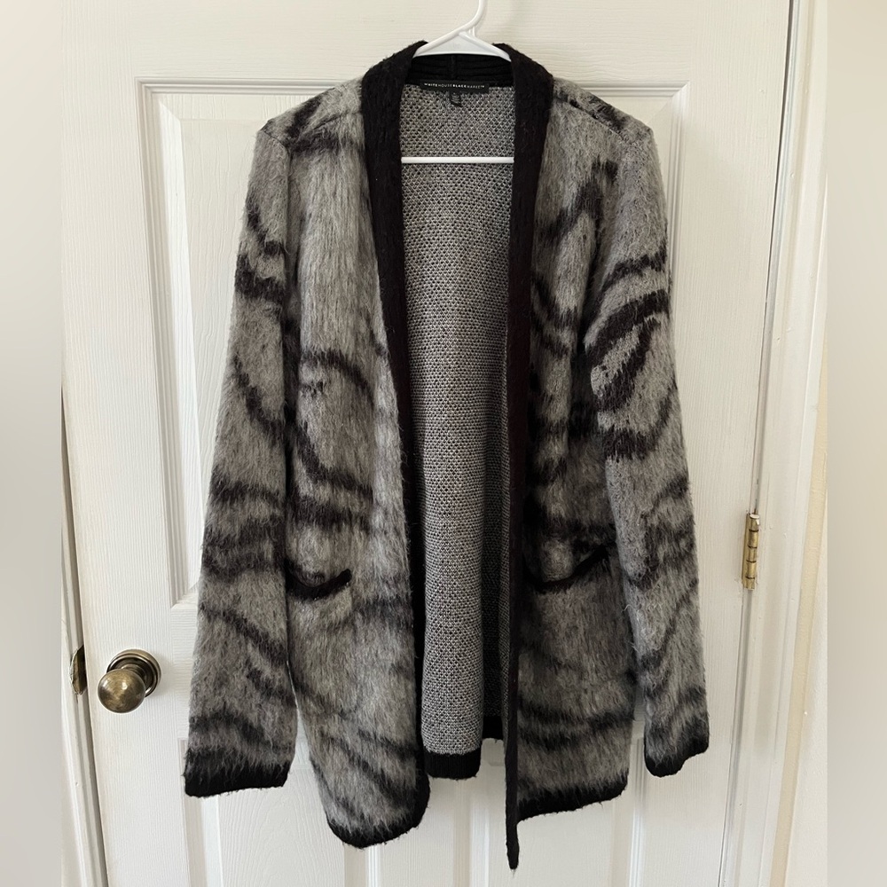 White House Black Market Gray and Black Patterned Open-Front Cardigan